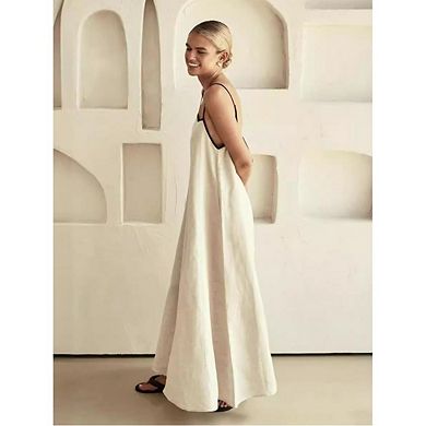 Women's Loose Flowy Sundress Contrast Spaghetti Strap Sleeveless Backless Beach Maxi Long Dresses