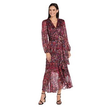Petite R&M Richards Printed Metallic Satin Chiffon Dress