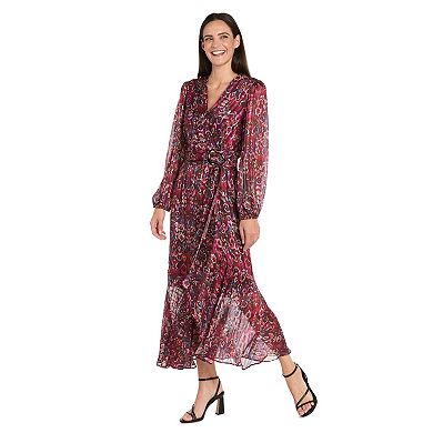 Petite R&M Richards Printed Metallic Satin Chiffon Dress