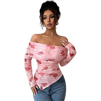 Women's Floral Mesh Long Sleeve Tops Asymmetrical Hem Ruched Fitted Tee Tops