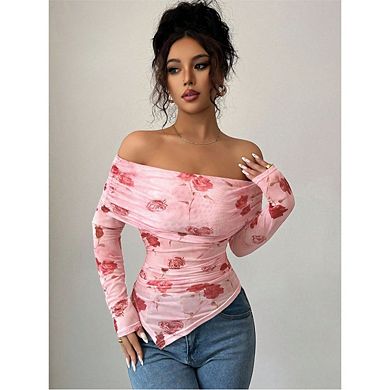 Women's Floral Mesh Long Sleeve Tops Asymmetrical Hem Ruched Fitted Tee Tops