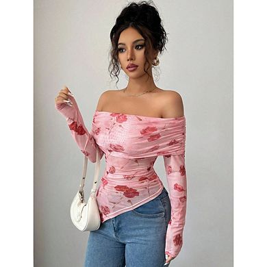 Women's Floral Mesh Long Sleeve Tops Asymmetrical Hem Ruched Fitted Tee Tops