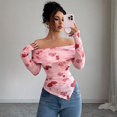 Women's Floral Mesh Long Sleeve Tops Asymmetrical Hem Ruched Fitted Tee Tops