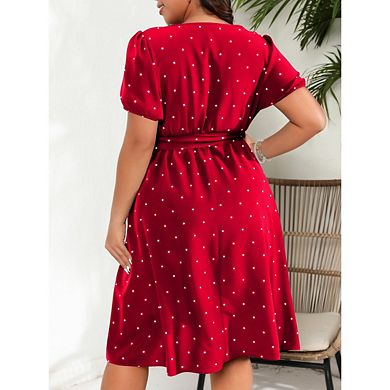 Women Plus Size Dresses Square Neck Short Sleeve Dresses polka dots Dresses