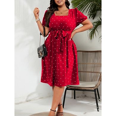 Women Plus Size Dresses Square Neck Short Sleeve Dresses polka dots Dresses
