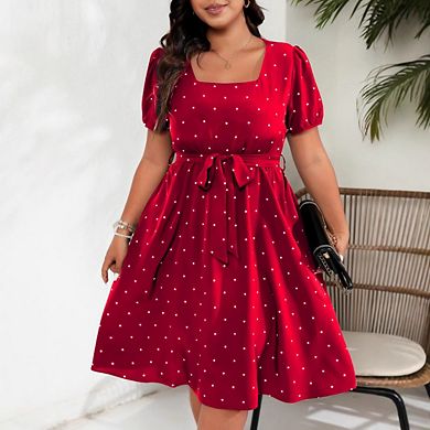 Women Plus Size Dresses Square Neck Short Sleeve Dresses polka dots Dresses