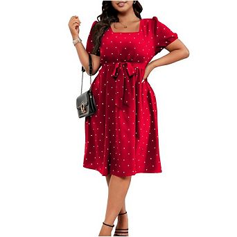 Women Plus Size Dresses Square Neck Short Sleeve Dresses polka dots Dresses