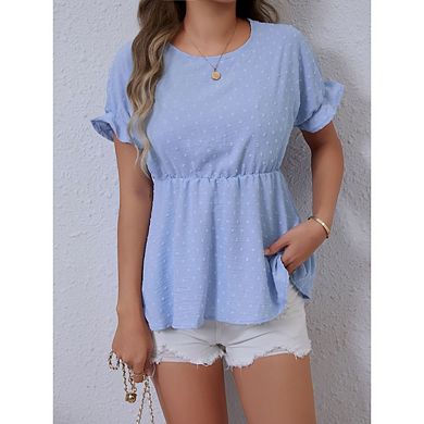 Women's Tops Short Sleeve Crewneck Dress Dots Solid Loose Tunics Shirts