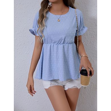 Women's Tops Short Sleeve Crewneck Dress Dots Solid Loose Tunics Shirts