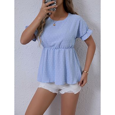 Women's Tops Short Sleeve Crewneck Dress Dots Solid Loose Tunics Shirts