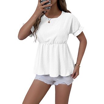 Women's Tops Short Sleeve Crewneck Dress Dots Solid Loose Tunics Shirts