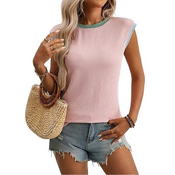 Women's Crew Neck Color Block Cap Sleeveless Casual Knit Ribbed Pullover Tank Tops