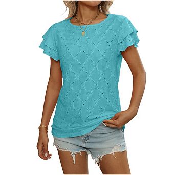 Women's Tops Casual Crewneck Cap Ruffle Short Sleeve Shirts Lightweight Crochet Knit Top