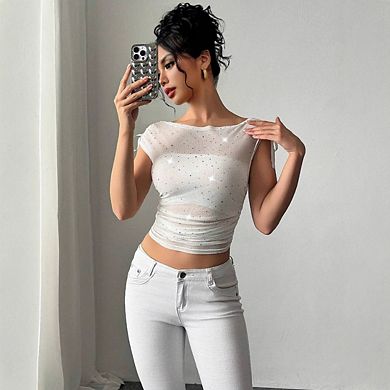 Women's Mesh Sequin Glitter Tank Top Boat Neck Bow Ruched Y2k Crop Tops