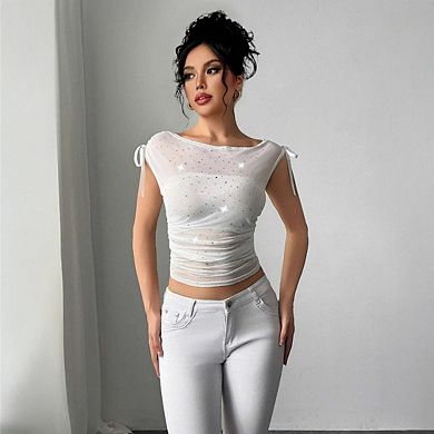 Women's Mesh Sequin Glitter Tank Top Boat Neck Bow Ruched Y2k Crop Tops