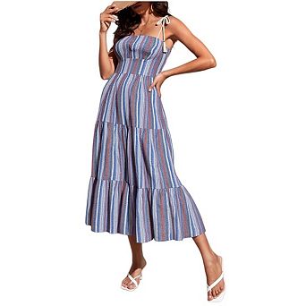 Womens Striped Dresses Casual Spaghetti Strap Flowy Swing A Line Beach Tiered Maxi Sundress