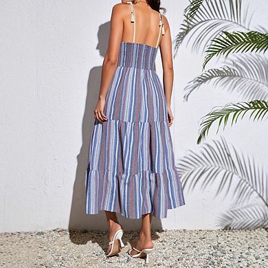 Womens Striped Dresses Casual Spaghetti Strap Flowy Swing A Line Beach Tiered Maxi Sundress