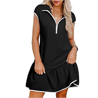 Womens Oversized Dress Casual Short Sleeve Quarter Zip Ruffle Hem Pullover Mini Dresses