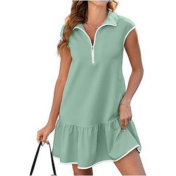 Womens Oversized Dress Casual Short Sleeve Quarter Zip Ruffle Hem Pullover Mini Dresses