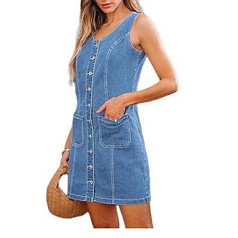 Denim Dresses for Women Sleeveless Stretchy Jean Casual Western Short Button Down Dress