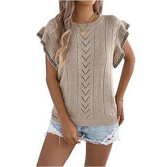 Women Ruffle Sleeve Tops Crochet Crew Neck Shirts Sweater Casual Cute Knit Tops