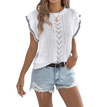 Women Ruffle Sleeve Tops Crochet Crew Neck Shirts Sweater Casual Cute Knit Tops