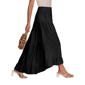 Womens Maxi Skirt Elastic High Waist Swing Tiered A-line Flowy Pleated Boho Beach Long Skirts