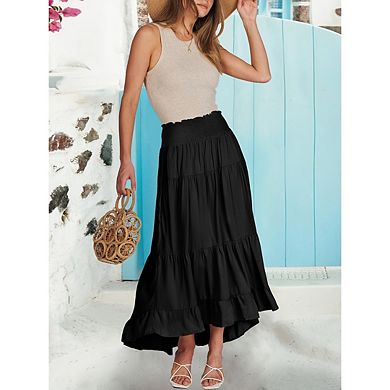 Womens Maxi Skirt Elastic High Waist Swing Tiered A-line Flowy Pleated Boho Beach Long Skirts