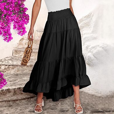 Womens Maxi Skirt Elastic High Waist Swing Tiered A-line Flowy Pleated Boho Beach Long Skirts