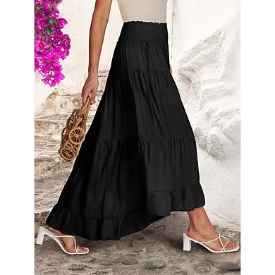 Womens Maxi Skirt Elastic High Waist Swing Tiered A-line Flowy Pleated Boho Beach Long Skirts