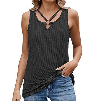 Womens Tank Tops Sleeveless Ribbed Knit Shirts Casual Cut Out Ring Keyhole Neck Tanks