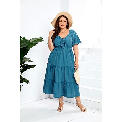 Women's Plus Size Dress Flowy Boho Maxi Dress Ruffle Heart Neck Ruched Sundress