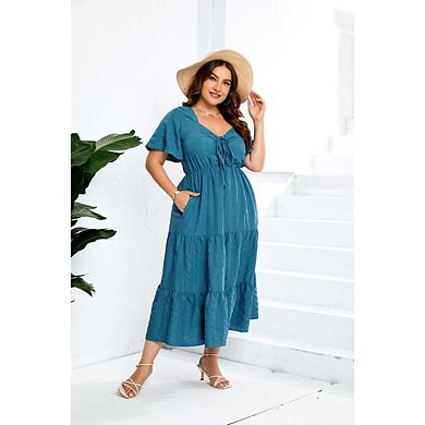 Women's Plus Size Dress Flowy Boho Maxi Dress Ruffle Heart Neck Ruched Sundress
