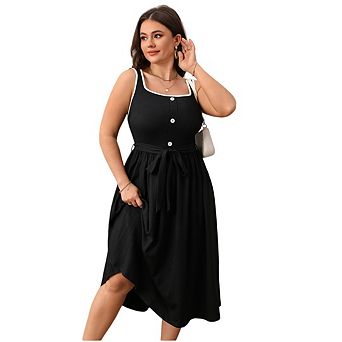 Women Plus Size Dresses Sleeveless Button U-Neck Pleated Swing Dress Fashion Beach Party Sundress