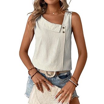 Womens Sleeveless Button Tank Top Casual Loose Fit Asymmetrical Neck Blouse Tunic for Daily Wear