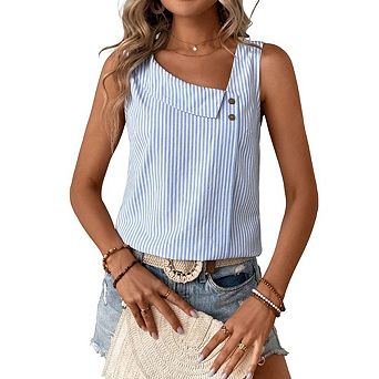 Womens Sleeveless Button Tank Top Casual Loose Fit Asymmetrical Neck Blouse Tunic for Daily Wear