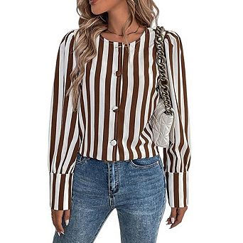 Women Button Down Shirts Long Sleeve Tops Circle Neck Blouses Business Casual Outfits Loose Fit