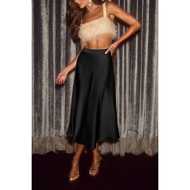 Women's Satin High Waisted Midi Skirts A Line Long Skirt