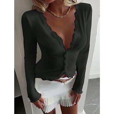Womens Long Sleeve Tops Lightweight Cardigan Cropped Going Out Shirts Ribbed Button Down Cute Trendy