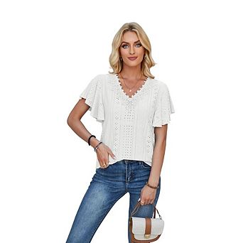 Womens Short Sleeve Shirts Eyelet V Neck Tops Business Casual Clothes Work Office T-Shirts