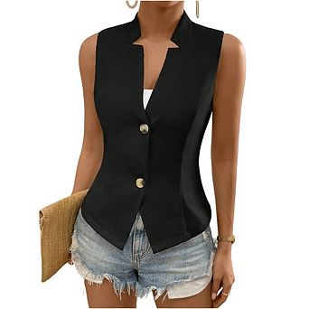 Women Sleeveless Blazers Business Casual Dressy Lapel V Neck Button Open Front Work Suit Vest Tops