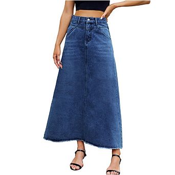 Women Vintage Denim Maxi Skirt Frayed Raw Hem High Waist A-Line Long Jean Skirt