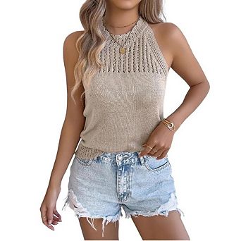 Womens Knit Sweater Tank Tops Round Neck Crochet Hollow Out Sleeveless Casual Crop Shirt