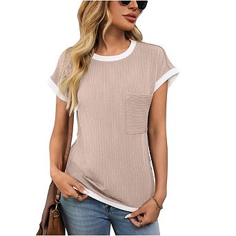 Women's Short Sleeve T Shirts Crewneck Color Block Ribbed Knit Tee Blouses Trendy Tops