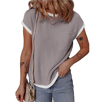 Women's Short Sleeve T Shirts Crewneck Color Block Ribbed Knit Tee Blouses Trendy Tops