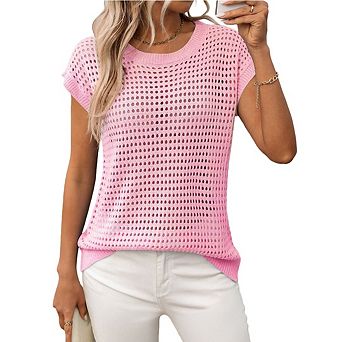 Womens Tops Crochet Cap Sleeve Sweater Pullover Cute Beach Vacation Clothes