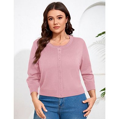 Women Plus Size Cardigan 3/4 Sleeve Crew Neck Bolero Button Down Sweaters Open Front Knit Shrugs