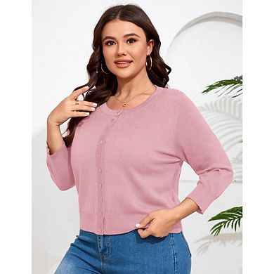 Women Plus Size Cardigan 3/4 Sleeve Crew Neck Bolero Button Down Sweaters Open Front Knit Shrugs