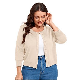 Women Plus Size Cardigan 3/4 Sleeve Crew Neck Bolero Button Down Sweaters Open Front Knit Shrugs
