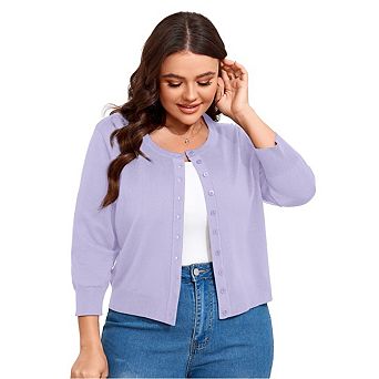 Women Plus Size Cardigan 3/4 Sleeve Crew Neck Bolero Button Down Sweaters Open Front Knit Shrugs